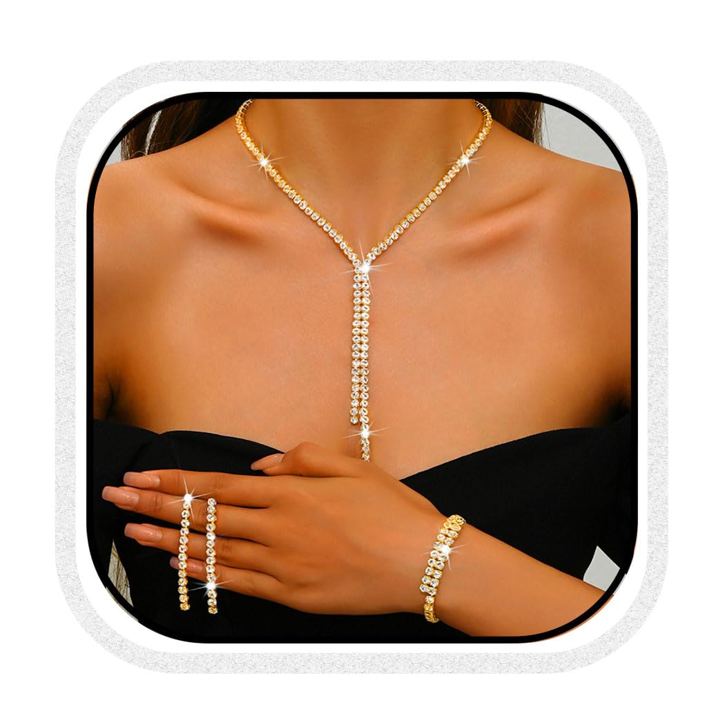 Unicra Gold Bridal Wedding Jewelry Sets Rhinestone Necklace Earrings Bracelet Set Prom Formal Costume Jewelry Sets for Women and