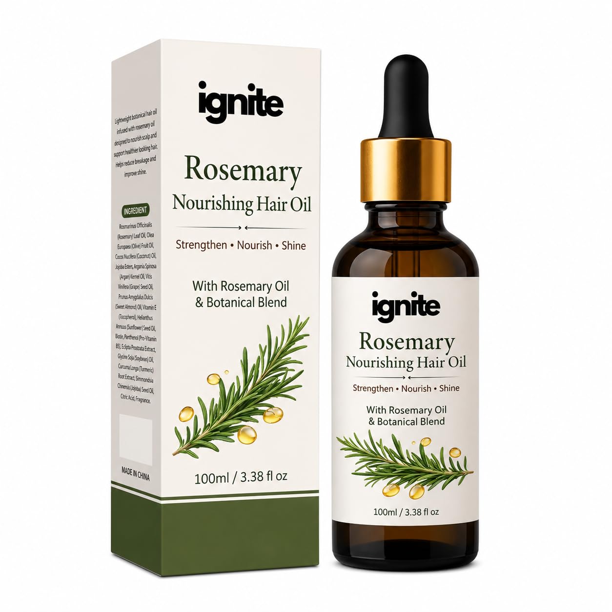 ignite Rosemary Hair Oil for Women & Men, Scalp & Hair Treatment Oil, Lightweight Botanical Formula, Helps Reduce Breakage & Add