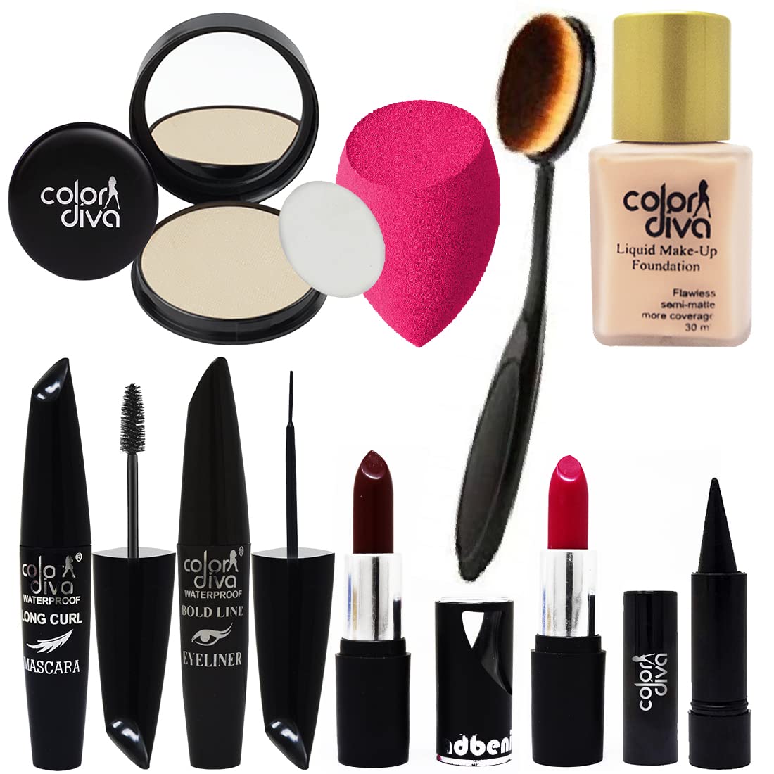 Color Diva Combo Pack Of 9 | Foundation,Compact Powder, EyeLiner, Mascara, Lipstick, MakeupBrush, Kajal, BeautyBlender | Comp