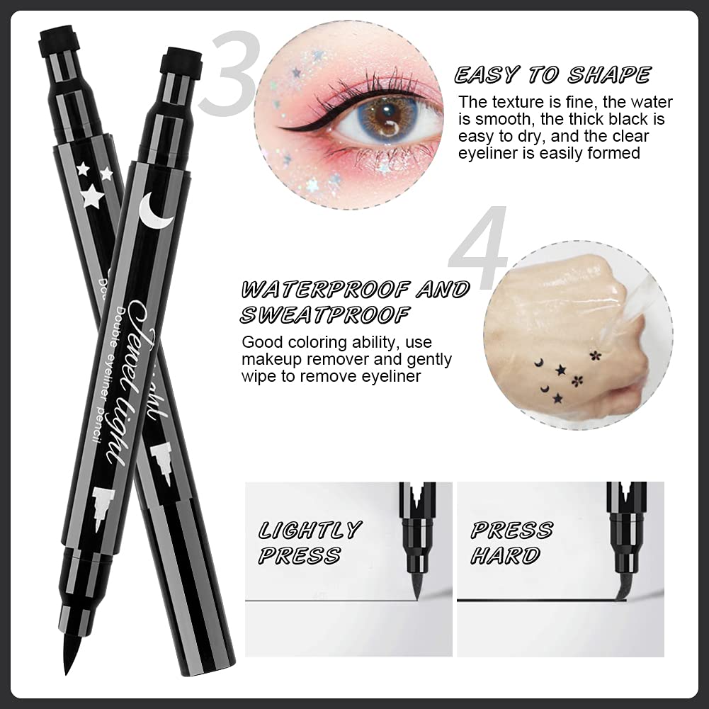 POPMISOLER 8 Pack Liquid Eyeliner Stamp Set - Waterproof, Long Lasting, Includes 6 Eyeliner Stamps & 2 Eyebrow Pencils, 8 Count