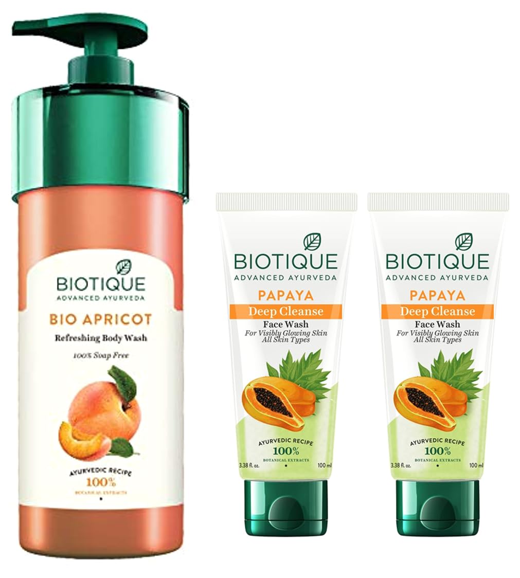 Biotique Bio Apricot Refreshing Body Wash, 800Ml & Biotique Papaya Deep Cleanse Face Wash For Visibly Glowing Skin All Skin Type