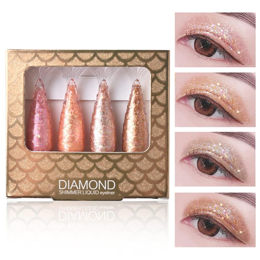 Lamuseland 4 Colors Liquid Glitter Eyeliner, Metallic Shimmer Diamond Mermaid Eyeshadow, Waterproof Long Lasting Sparkling Eye L