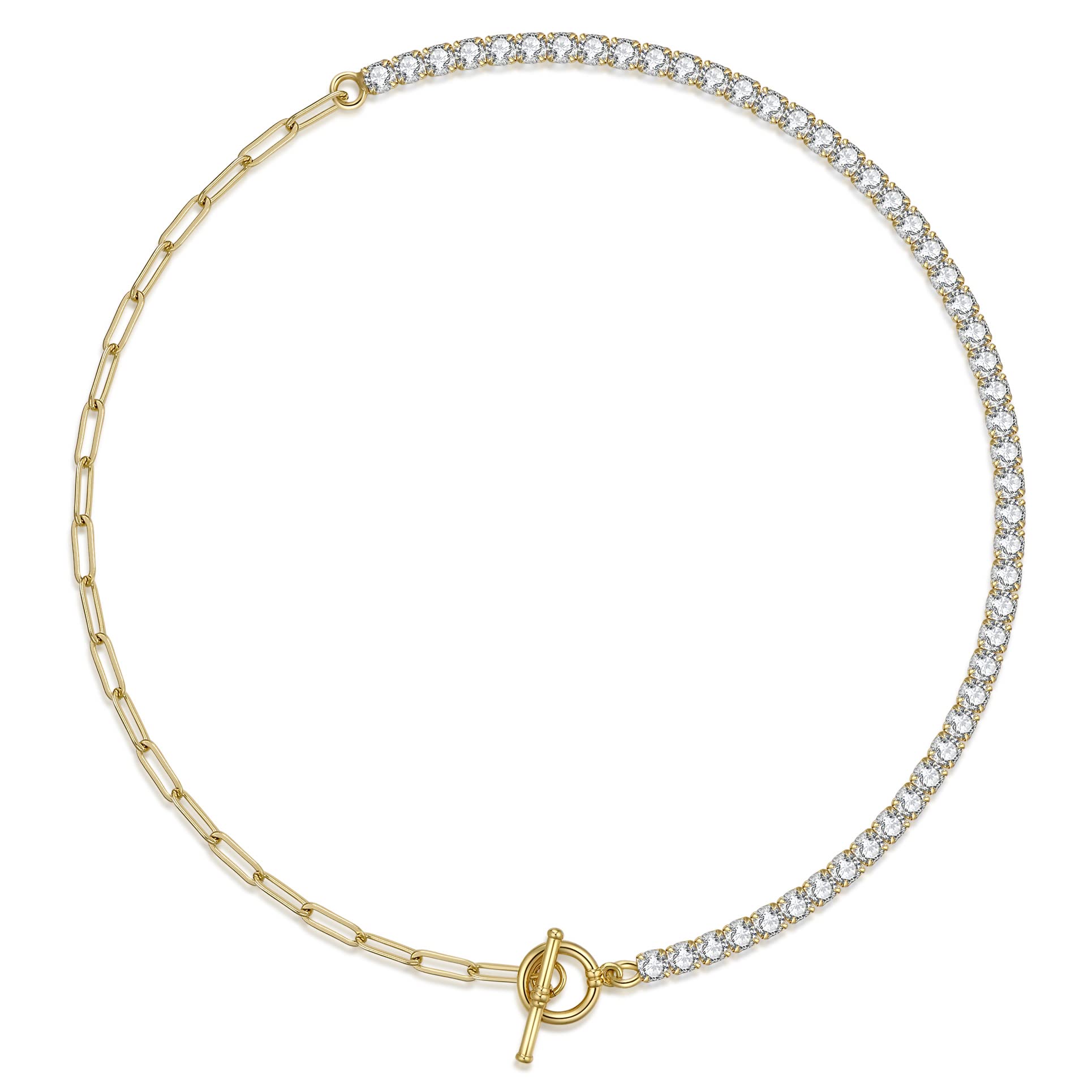 NUZON Gold CZ Tennis Necklace for Women 18K Gold Plated Paper Clip Link Chain Choker Sparkly Diamond Layering Jewelry Toggle Cla