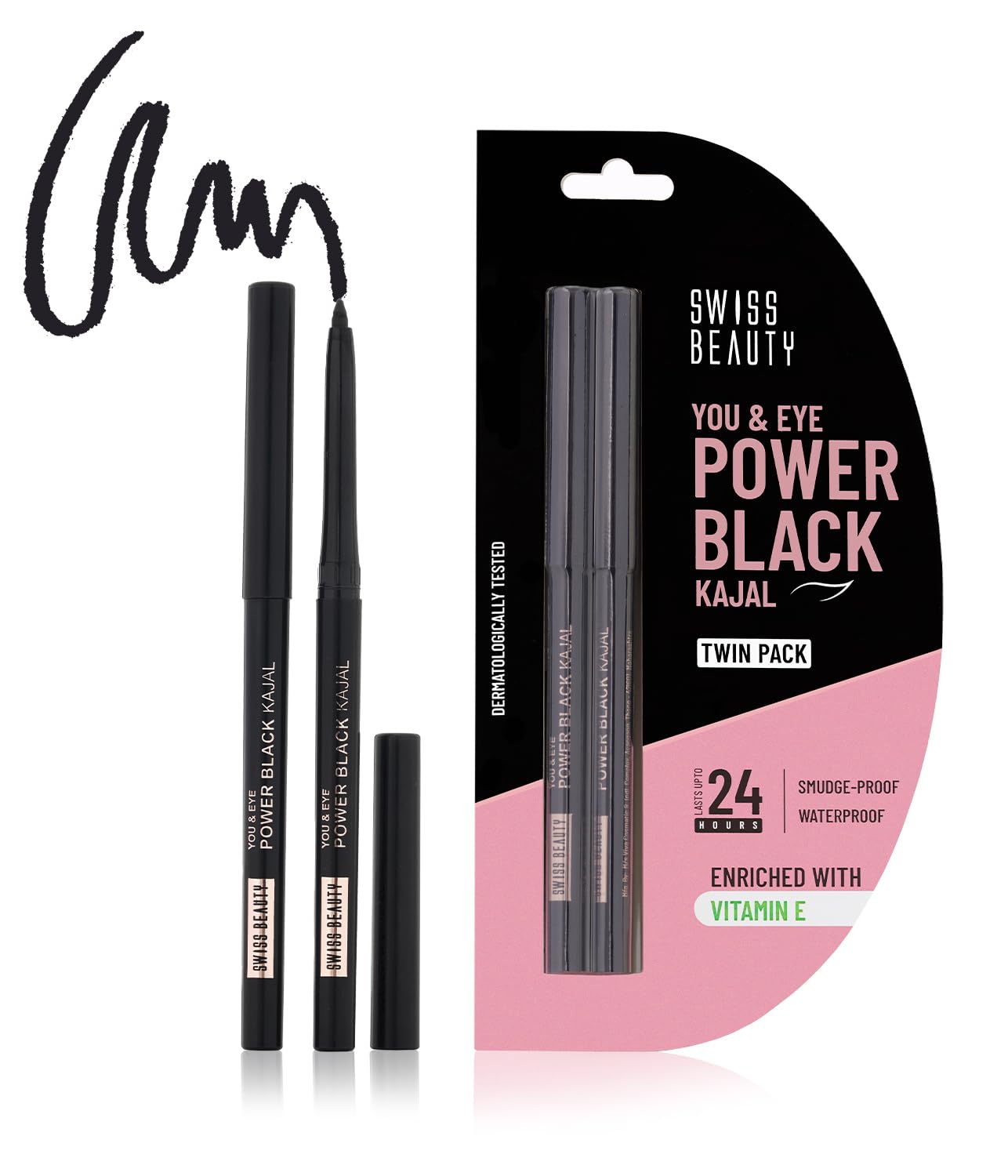 Swiss Beauty You & Eye Power Black Kajal Twin Pack | 24 Hrs Stay | Smudge Proof | Waterproof | Creamy Texture | Pack Of 2, 0.60G