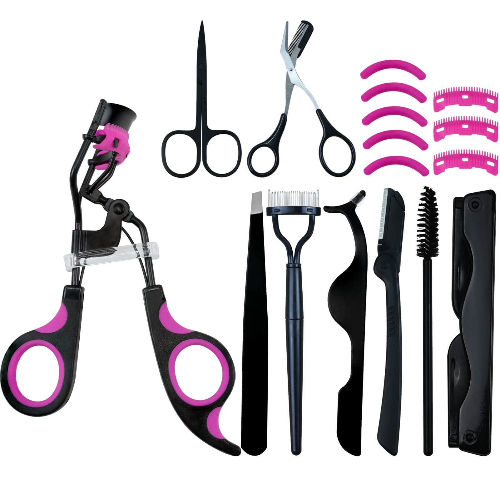 Eyelashes Curler Kit IMMER LIEBEN 17 in 1 Stainless Steel Grooming Scissors, Tweezers, Eyebrow Trimmer, Slant Tip Tweezers, Fals
