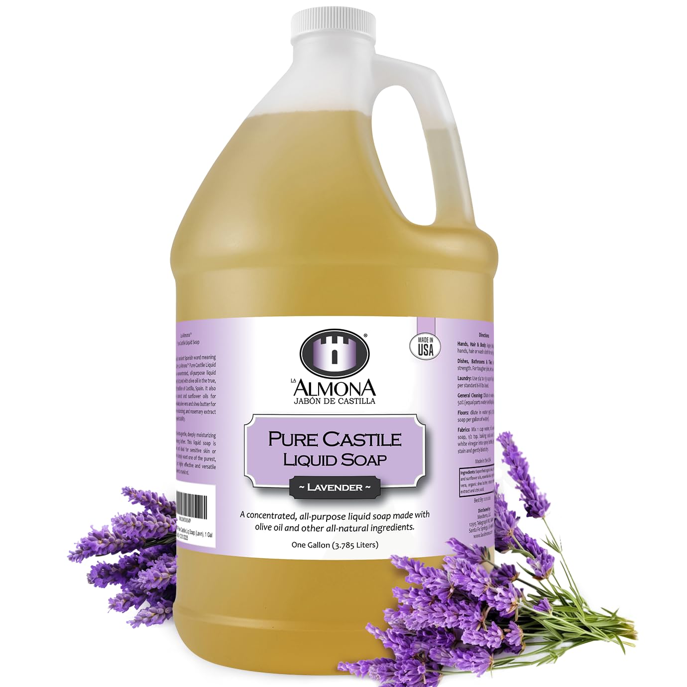 La Almona - Pure Castile Liquid Soap, Lavender, 1 Gallon - Multipurpose: Hands, Face, Body, Laundry, Dishes & More - For Sensiti