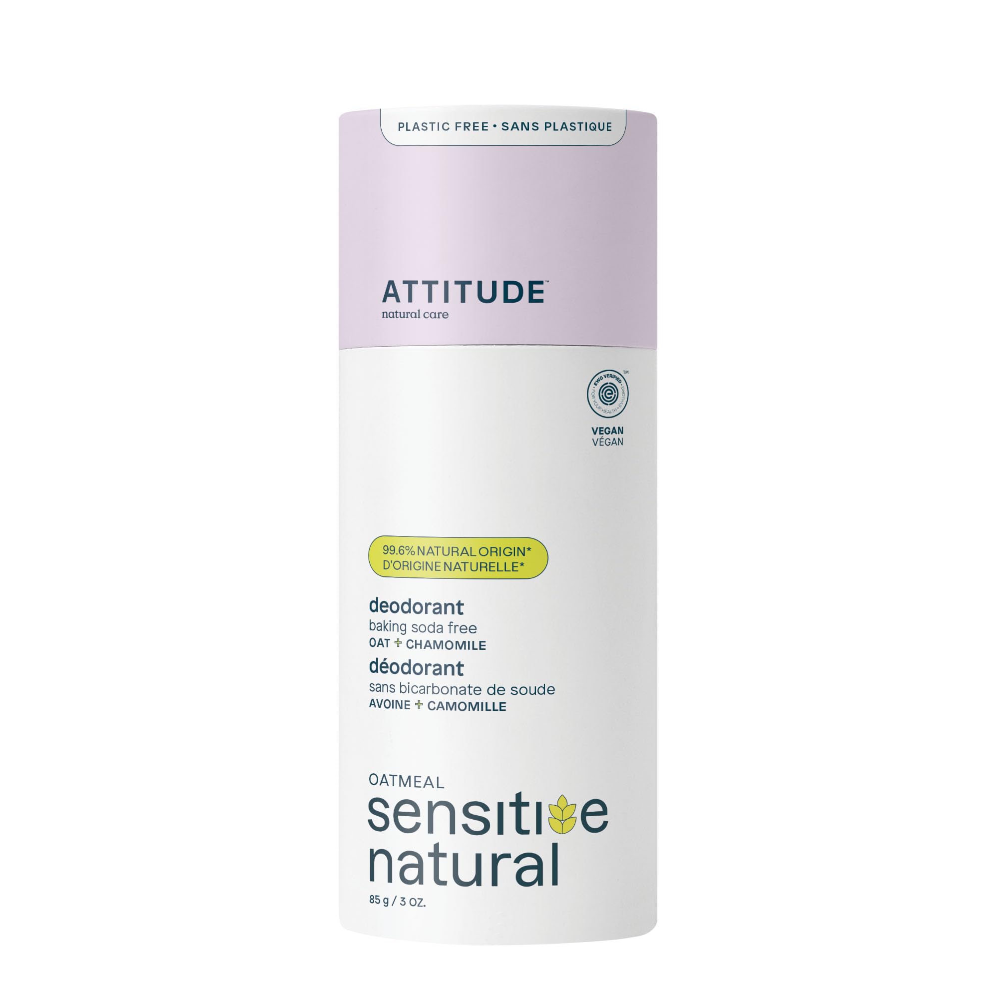 ATTITUDE Baking Soda Free Deodorant for Sensitive Skin with Oatmeal and Chamomile, EWG Verified, Aluminum Free, PlasticFree, 3 