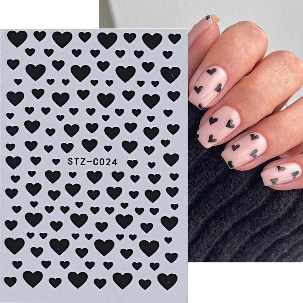3 Sheets Heart Nail Art Stickers 3D Self-Adhesive Sweet Love Nail Stickers Red White Black Designs Heart Nail Decals Diy Valenti