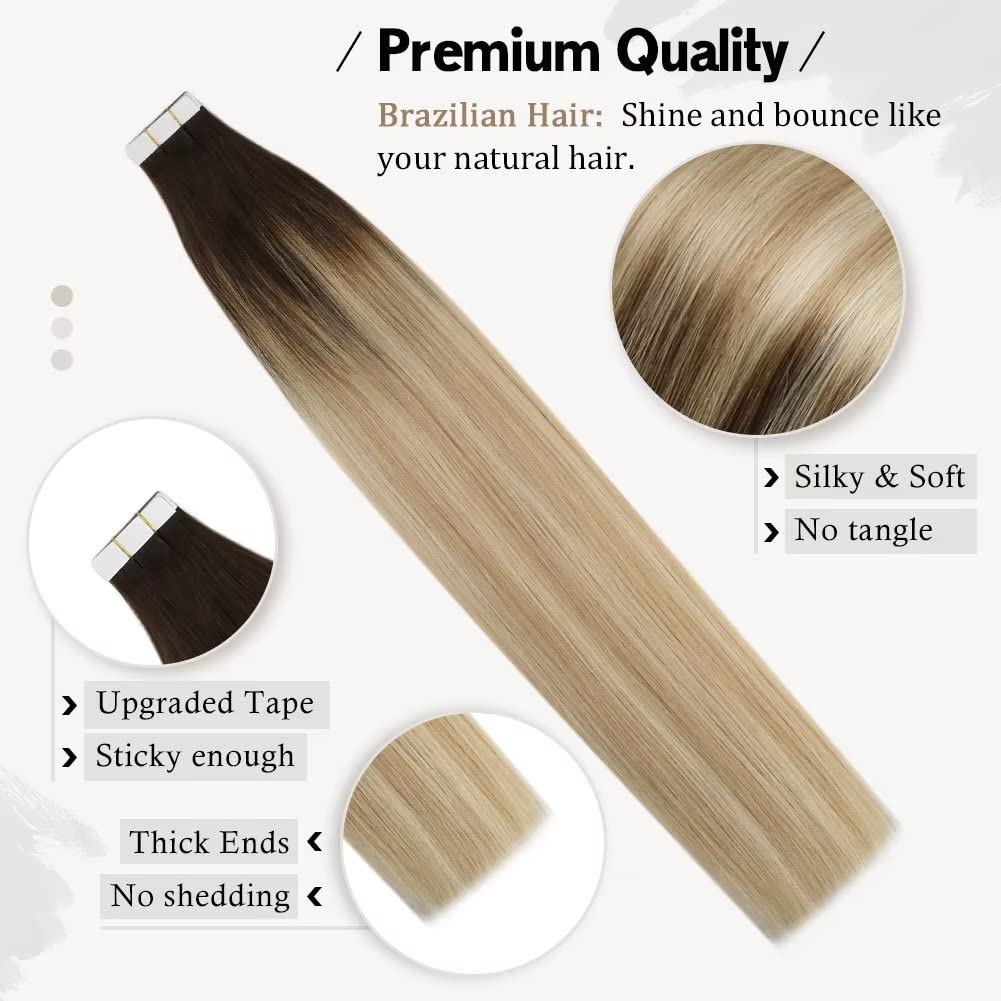 Moresoo Tape In Hair Extensions Human Hair Ombre 24 Inch Tape In Balayage Hair Extensions 40Pcs Remy Hair Extensions Tape In #2/