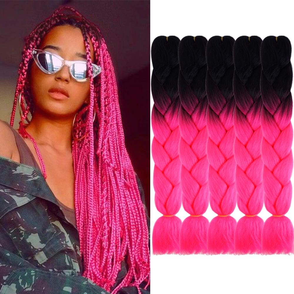 AIDUSA Ombre Braiding Hair Black to Hot Pink 5Pcs Synthetic Afro Jumbo Braiding Hair Extensions 24 Inch 2 Tones for Women Twist 