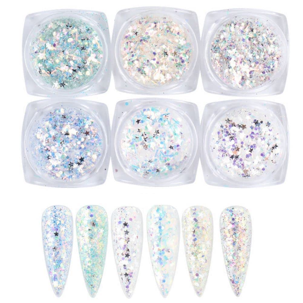 Holographic Nail Art Sequins Glitter Kits 6 Boxes 3D Nails Glitter Metallic Shining Flakes Acrylic Powder Dust Sequins for Nails