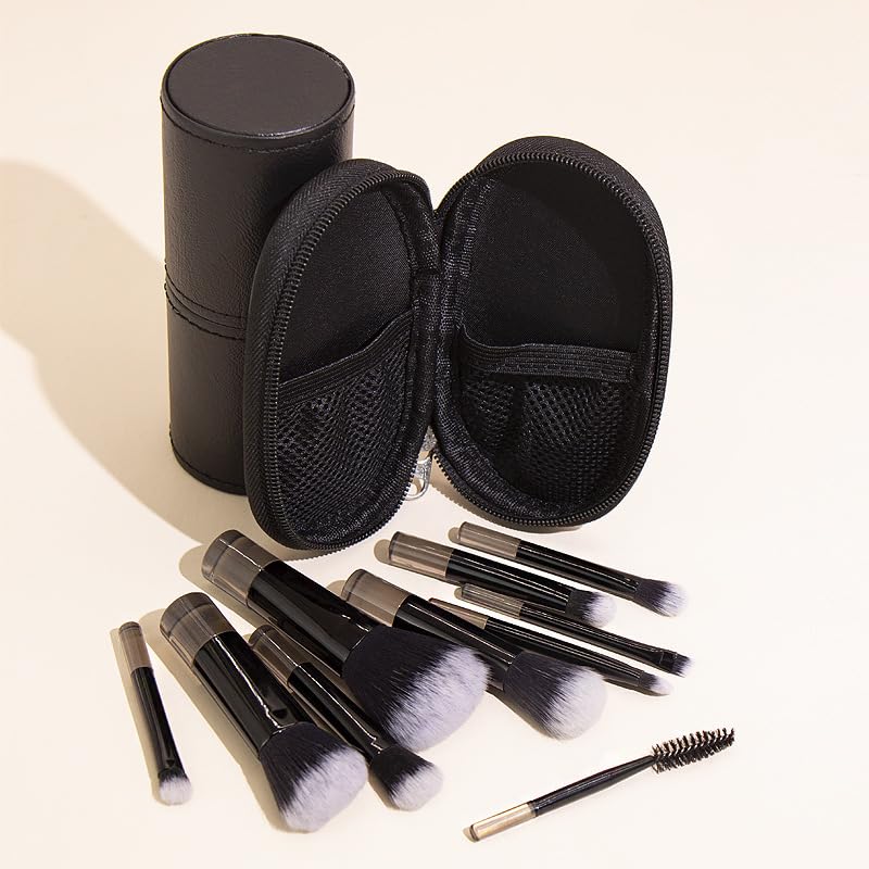 Portable ON THE GO Makeup Brush Set, COSHINE 10pcs Easy-taken Mini Full Complete Function Cosmetic Brushes Kit with Brush Pouch