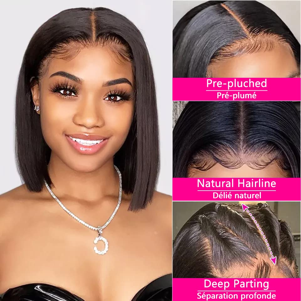 Qangelabeauty 180 Density 13X4 Hd Frontal Human Hair Lace Front Human Hair Pre Plucked Brazilian Virgin Natural Black Bob Wig Wi