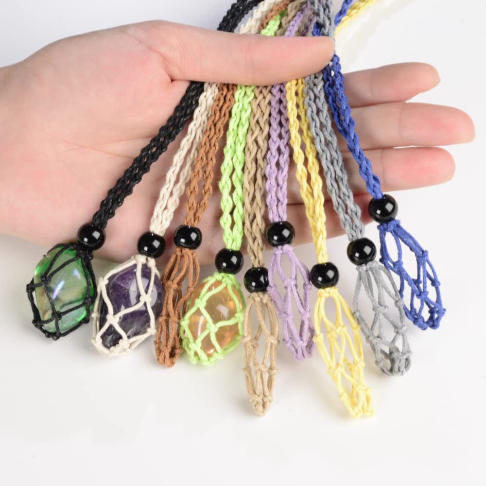 VNVETYTO 18 PCS Crystal Cage Necklace Holder Necklace Cord Empty Stone Holder with Adjustable Length (Black + Brown + Khaki)