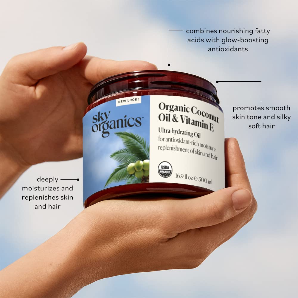 Sky Organics Organic Coconut Oil + Vitamin E for Skin & Hair USDA Certified Organic to Moisturize, Soften & Smooth, 16.9 fl. Oz