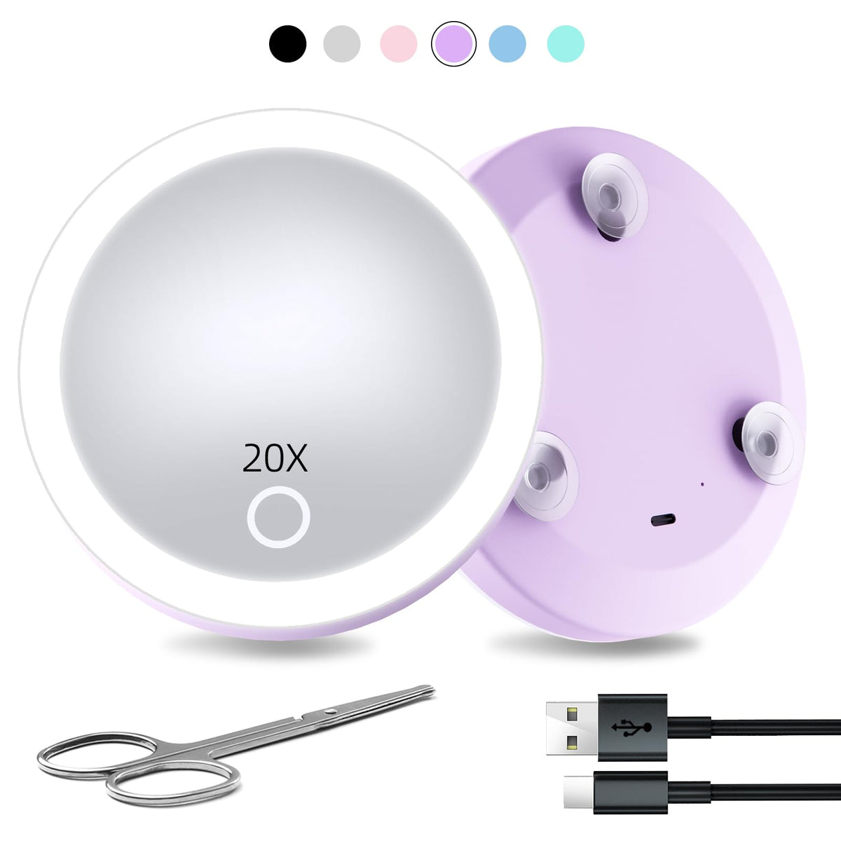 Travel Magnifying Mirror With Light 20X, 4-Inch Rechargeable Lighted Compact Makeup Mirror With Suction Cups