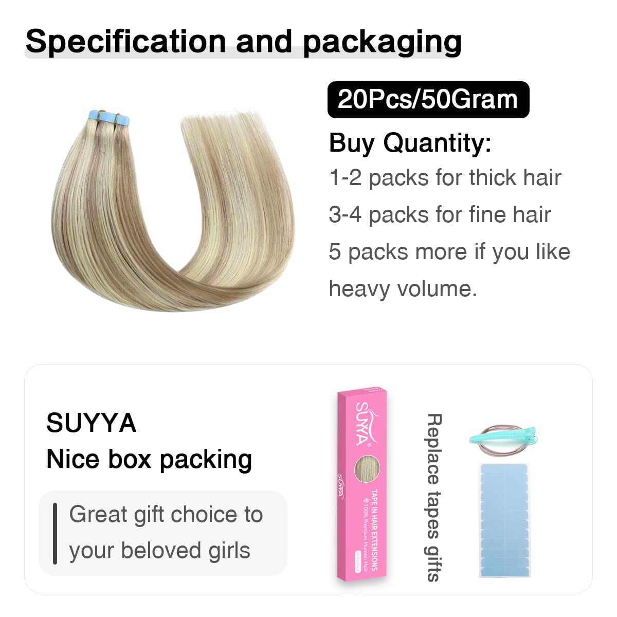 Suyya Tape In Hair Extensions Human Hair Ash Blonde Highlighted Bleach Blonde 16 Inch 40G/Pack 20Pcs Straight Seamless Skin Weft