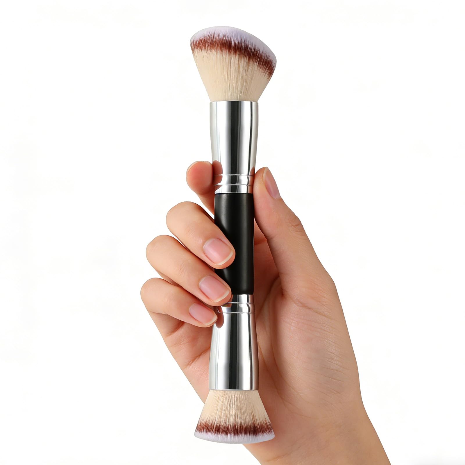 DualEnded Foundation & Powder Brush, 2 in 1 Large Flat/Angled Top Contouring Brush and Kabuki Brush for Flawless Makeup Tools A