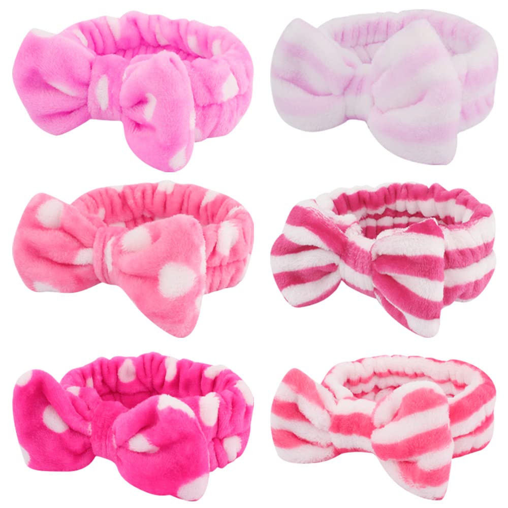 Whavel 6 Pack Pink Spa Headband Makeup Headbands Soft Skincare Headbands Bow Face Wash Headbands Shower Headbands Fluffy Head Wr
