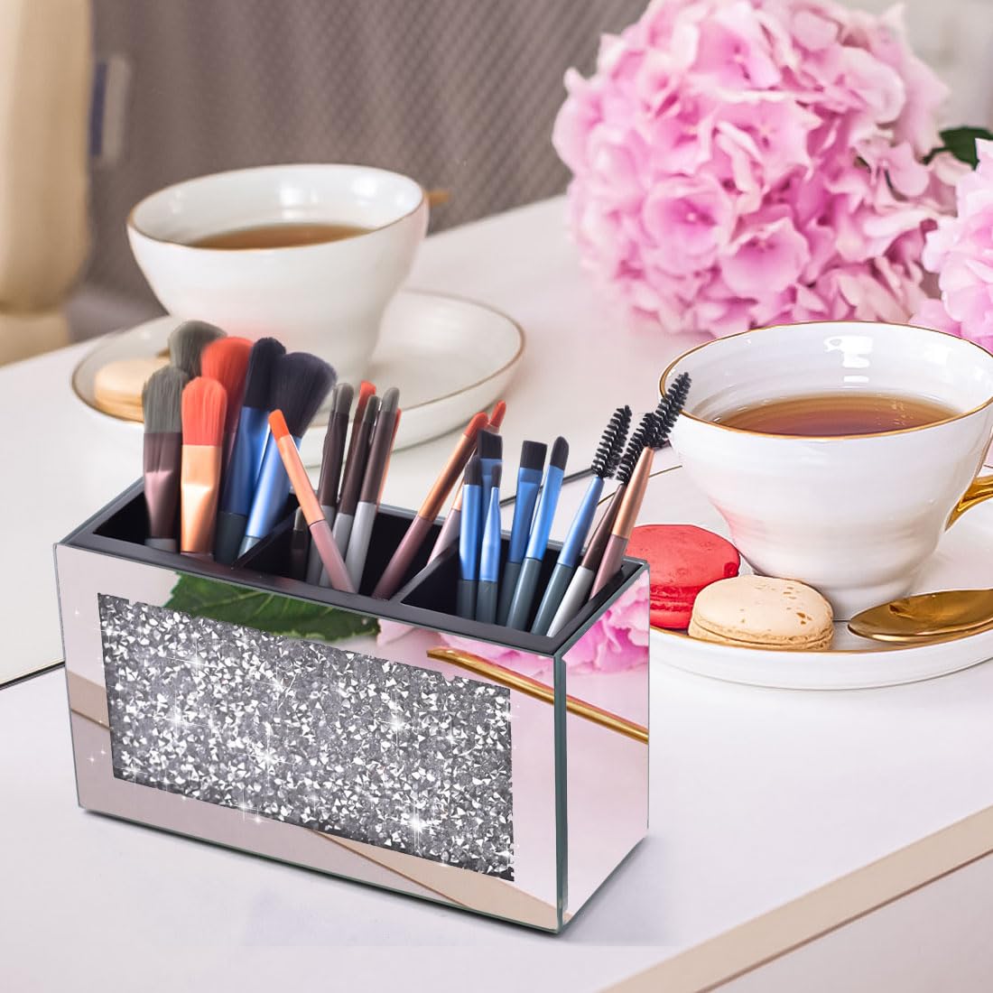 Amezey Crystal Crushed Diamond Silver Makeup Brush Holder Organizer, 3 Slot Mirrored Cosmetics Brushes Storage Case, Cute Pen an