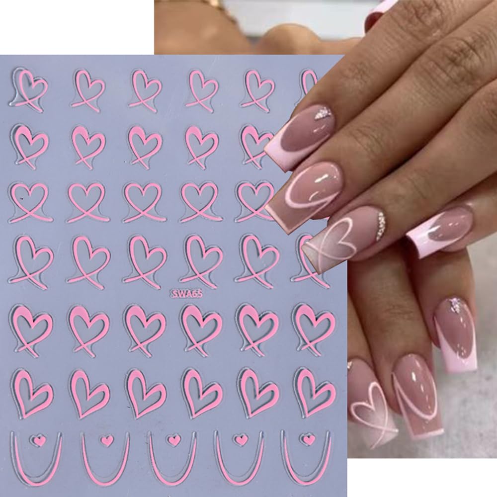 Valentine'S Day Nail Stickers For Nail Art, French Empty Love Heart Valentines Nail Art Stickers 3Pcs 3D Self-Adhesive Black Pin