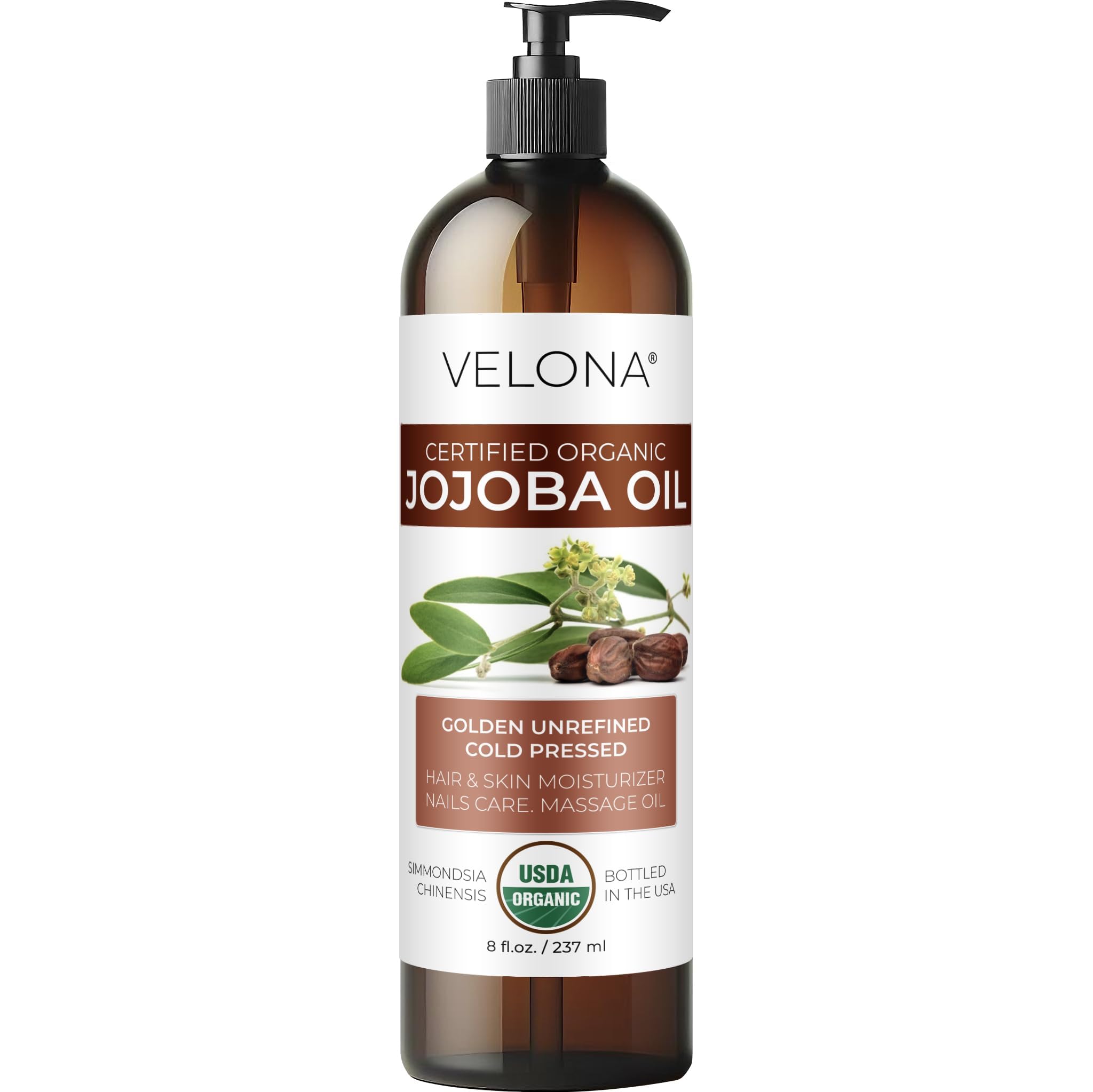 Velona Organic Jojoba Oil 8 Oz - 100% Pure, Unrefined Cold Pressed For Face, Hair, Body, Acne Prone Skin Care, Stretch Marks & C
