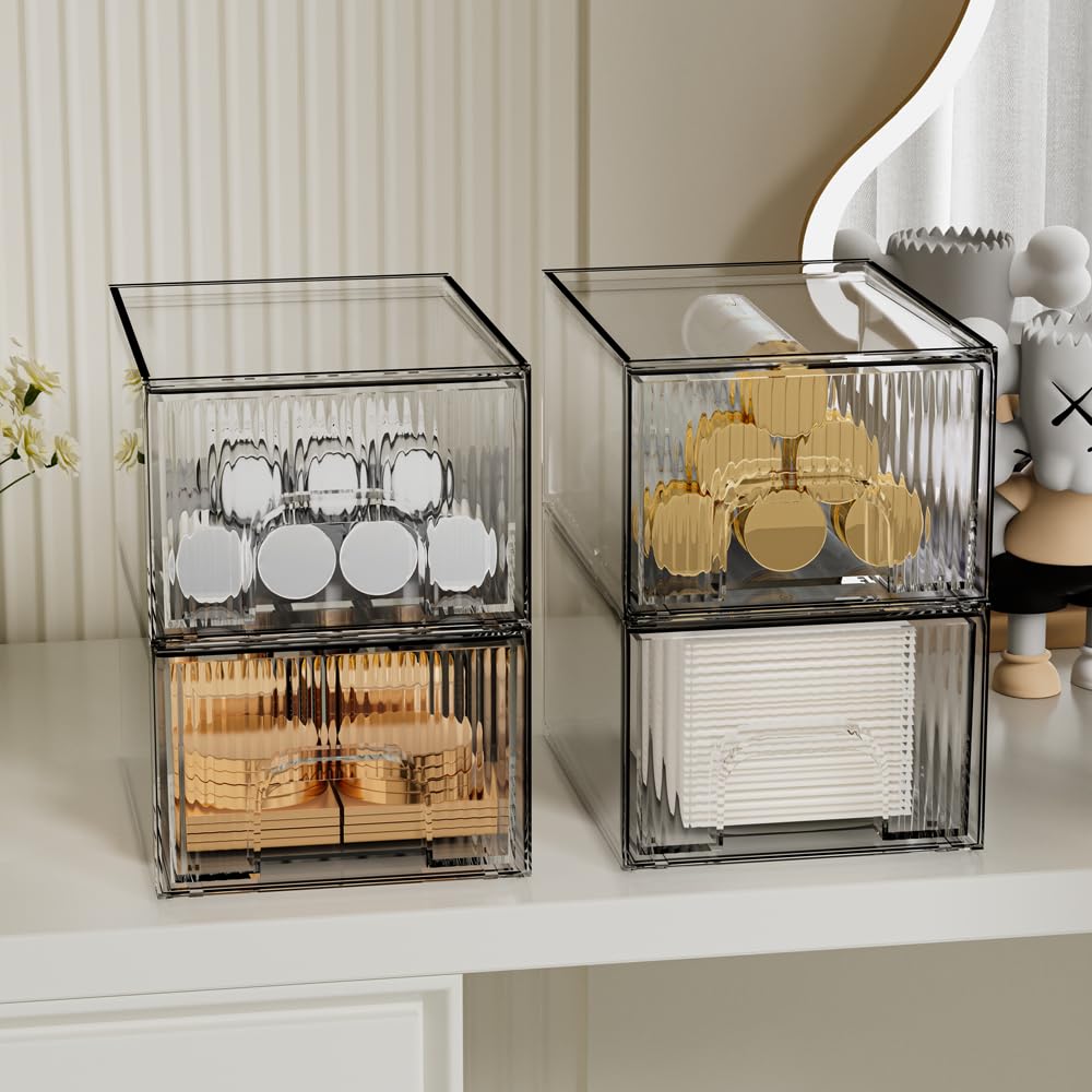 Zhiai Makeup Organizer Drawers, Stackable Stripes Bathroom Organizers And Storage For Bathroom, Vanity, And Kitchen Cabinets 4 P