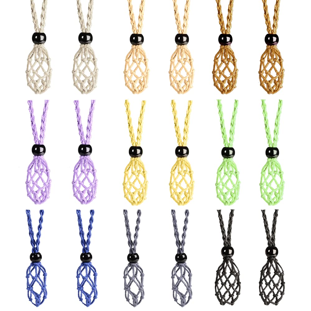 VNVETYTO 18 PCS Crystal Cage Necklace Holder Necklace Cord Empty Stone Holder with Adjustable Length (Black + Brown + Khaki)