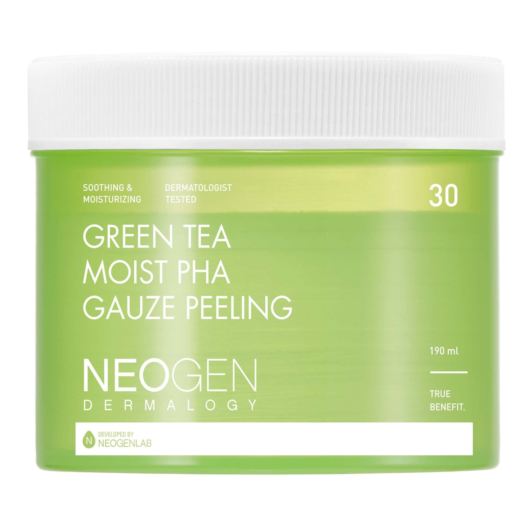 NEOGEN Green Tea Moist PHA Gauze Peeling Pads (30 pads) - Exfoliating & Soothing Peeling Pad with AHA, BHA, PHA, LHA & Green Tea