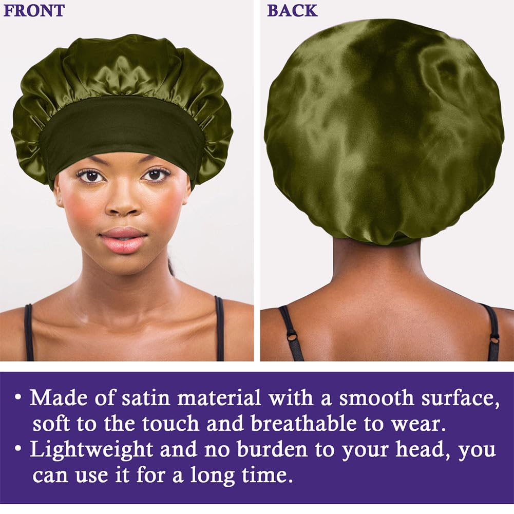 4Pcs Satin Bonnet Silk Bonnet, Hair Bonnet For Sleeping, Elastic Wide Band Silk Sleep Cap, Shower Cap Soft And Breathable (Green