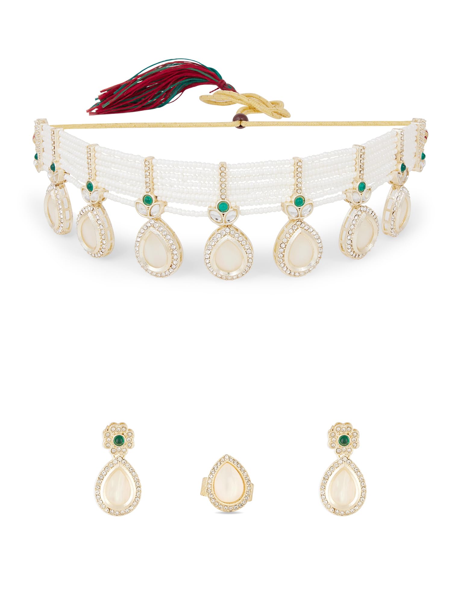 Zaveri Pearls Green Stones Austrian Diamonds Multistrand Beaded Choker Necklace Earring & Ring Set For WomenZpfk18857
