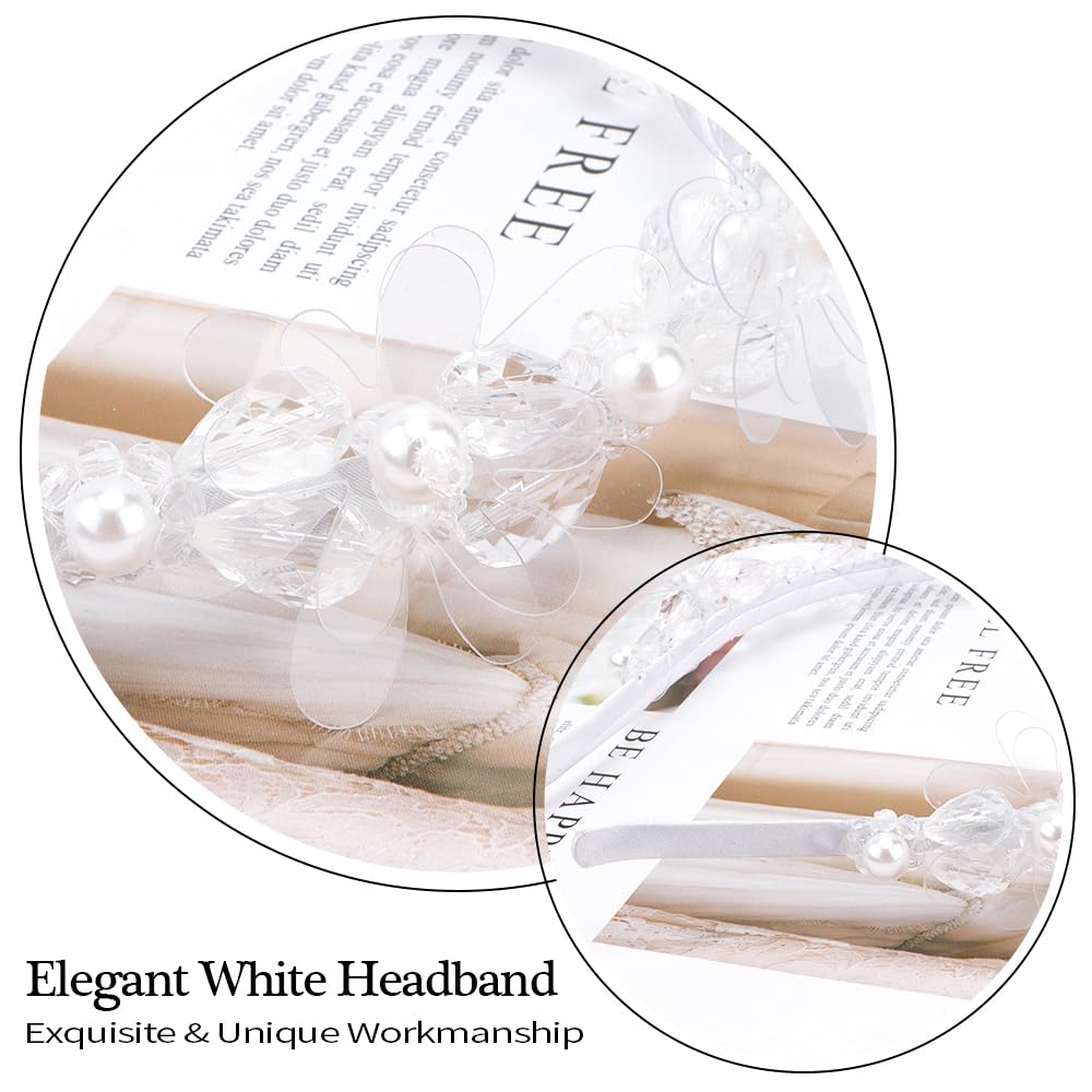 AHONEY Headband, White Flower Headpiece for Women and Girls, Elegant Dressy Hair Band with Pearl, Acrylic, Crystal Beads, Resin