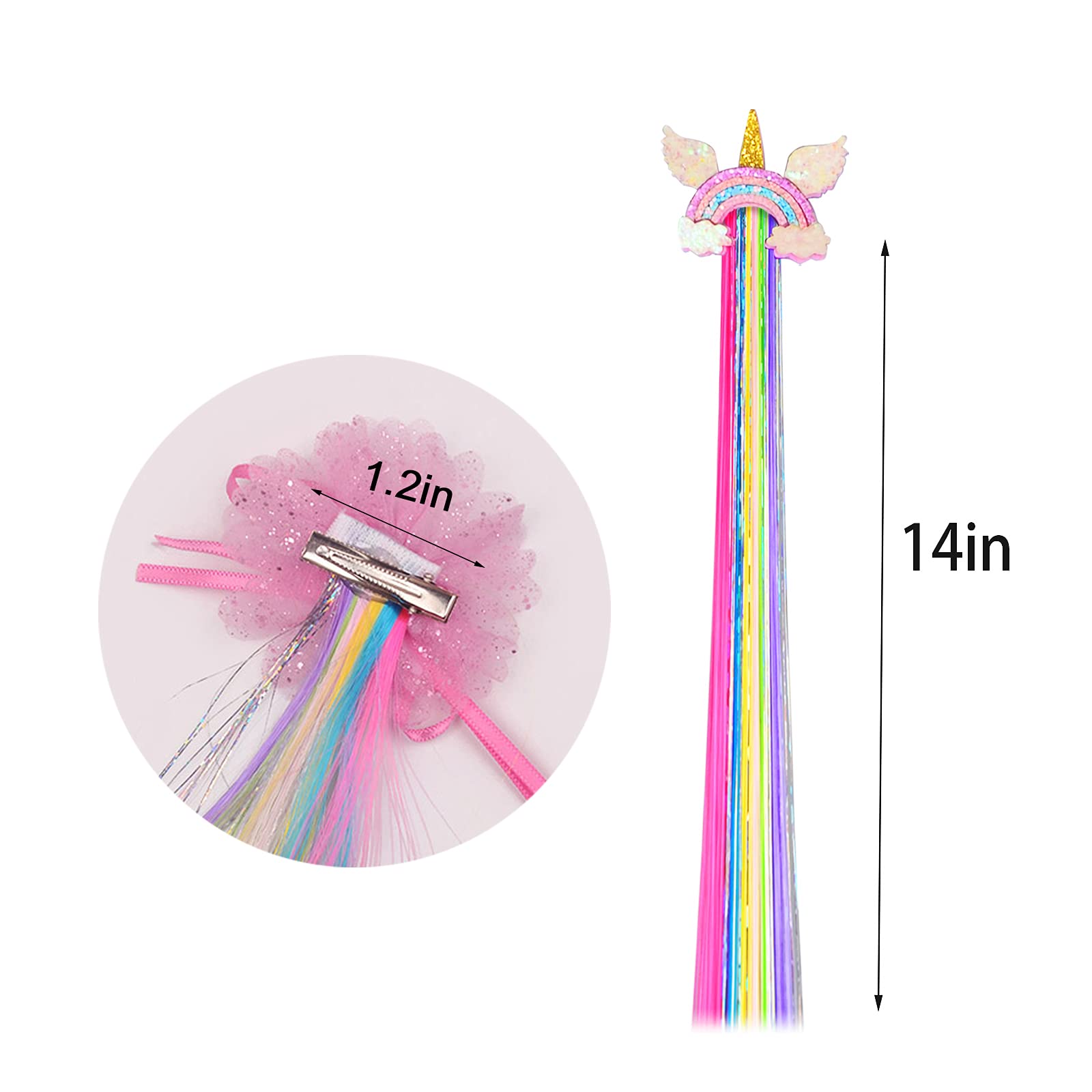 Little World Hair Clips for Girls, 6 Pcs Rainbow Hair Extensions, Unicorn Hair Clips for Girls Toddler Kids Ponytails, Hand-made