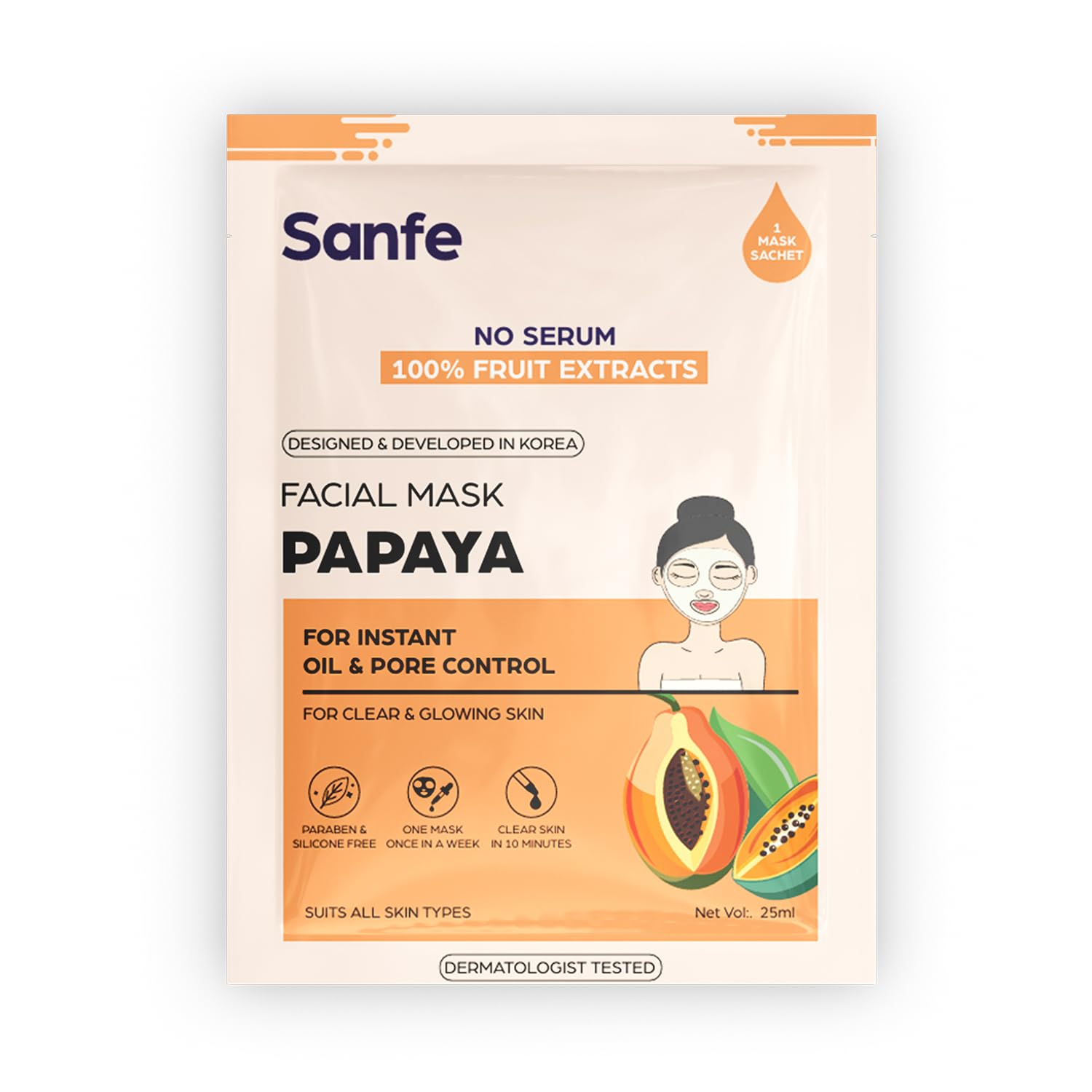 Sanfe Instant Hydration Cucumber Facial Mask | For Toned & Nourished Skin | 100% Fruit Extracts, Korean Mask | 1Pc, 25Gm (Papaya