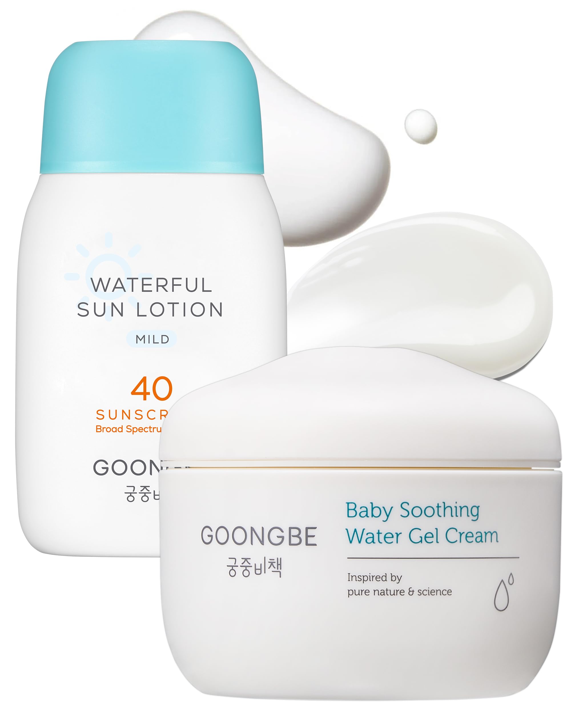 GOONGBE Sun Lotion SPF 40 & Baby Soothing Water Gel Cream - Zinc Oxide Mineral Sunscreen & Cooling Moisturizer - Korean Skincare