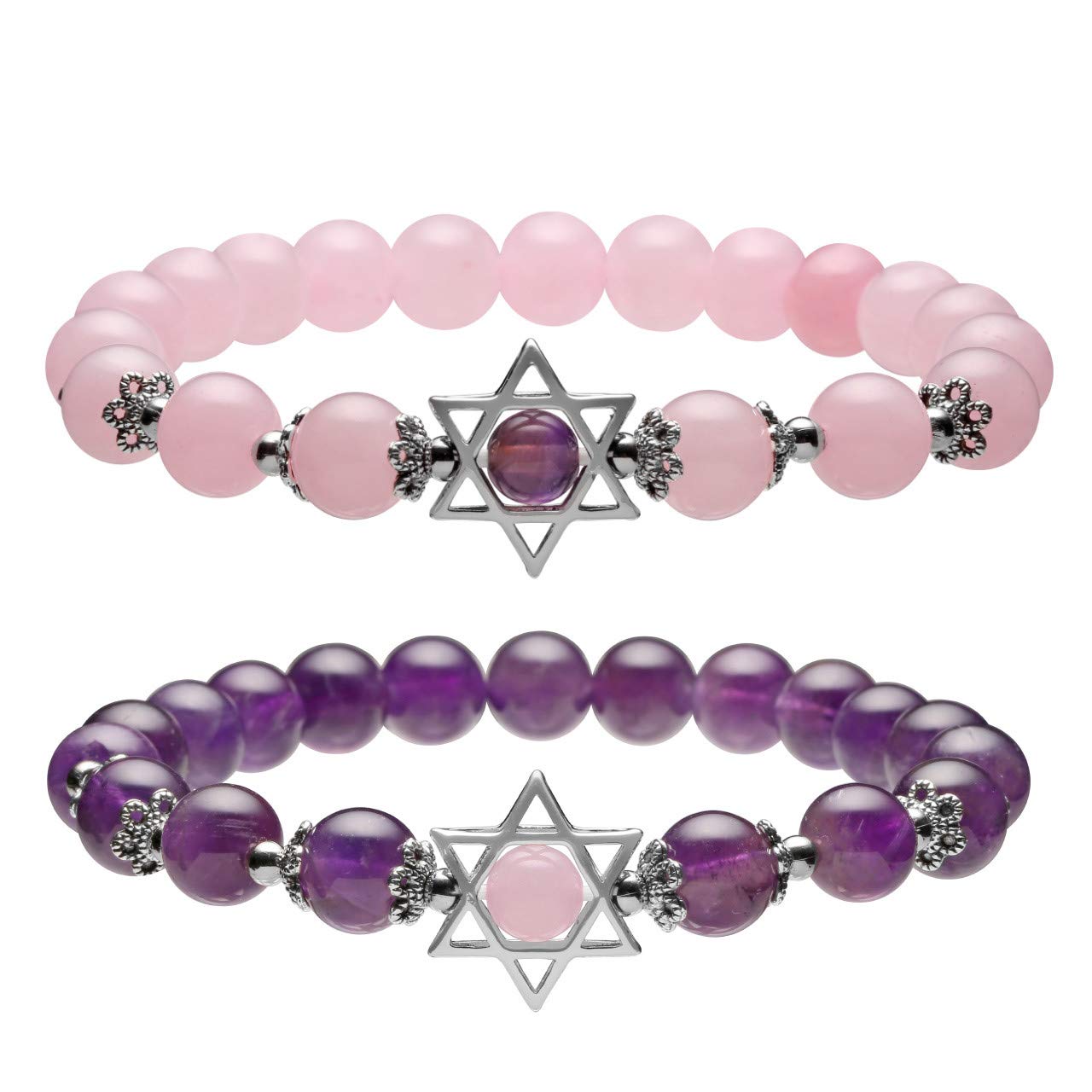 Jovivi 2pcs Natural Semi Precious Gemstone Amethyst Rose Quartz Crystal Bracelets Set Handmade Healing Stone Beads Beaded Stretc