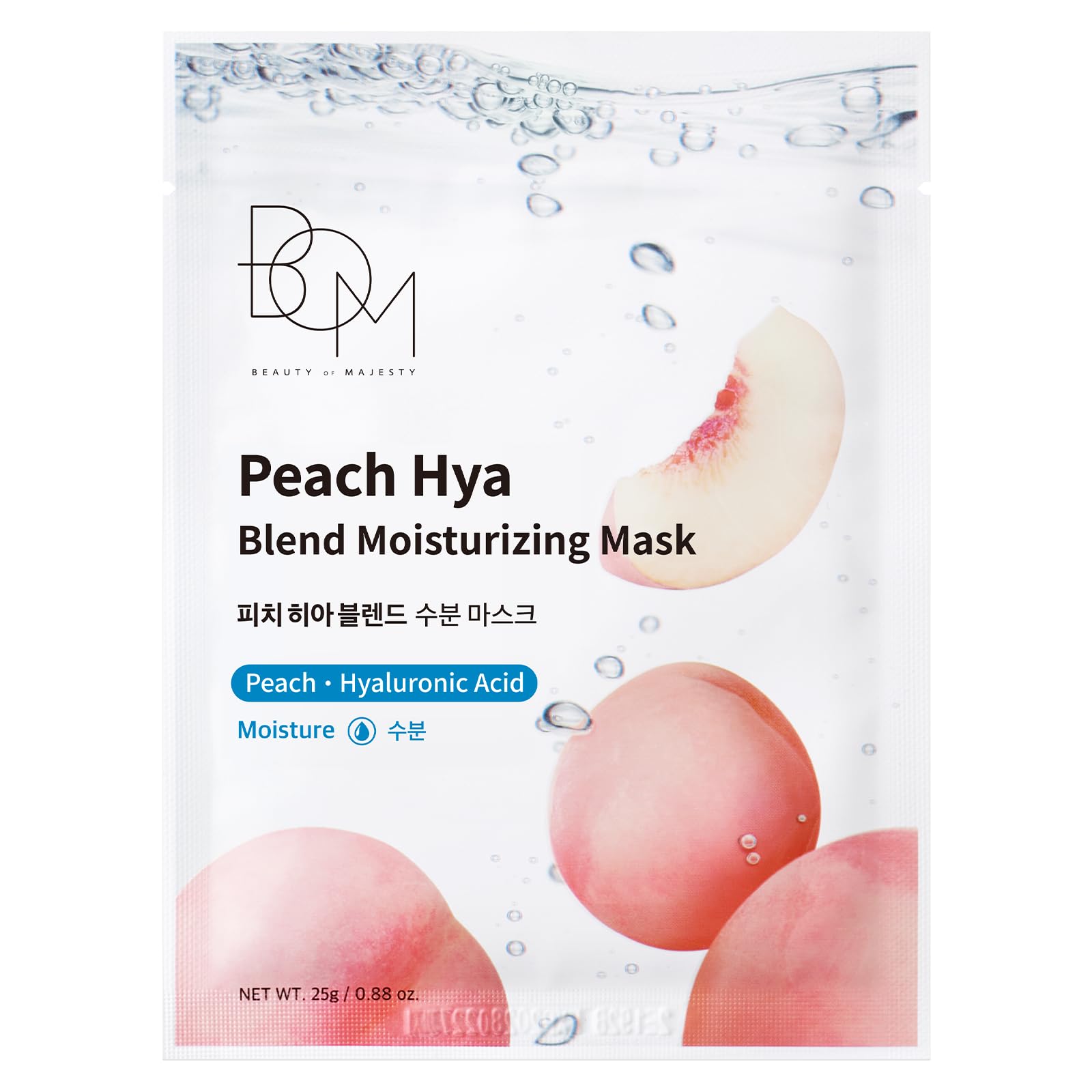 BOM Peach Hya Blend Moisturizing Mask 10ea, Korean Eumseong Peach Extract Face Mask, 5 types of Hyaluronic Acid and Cica, Non Dr