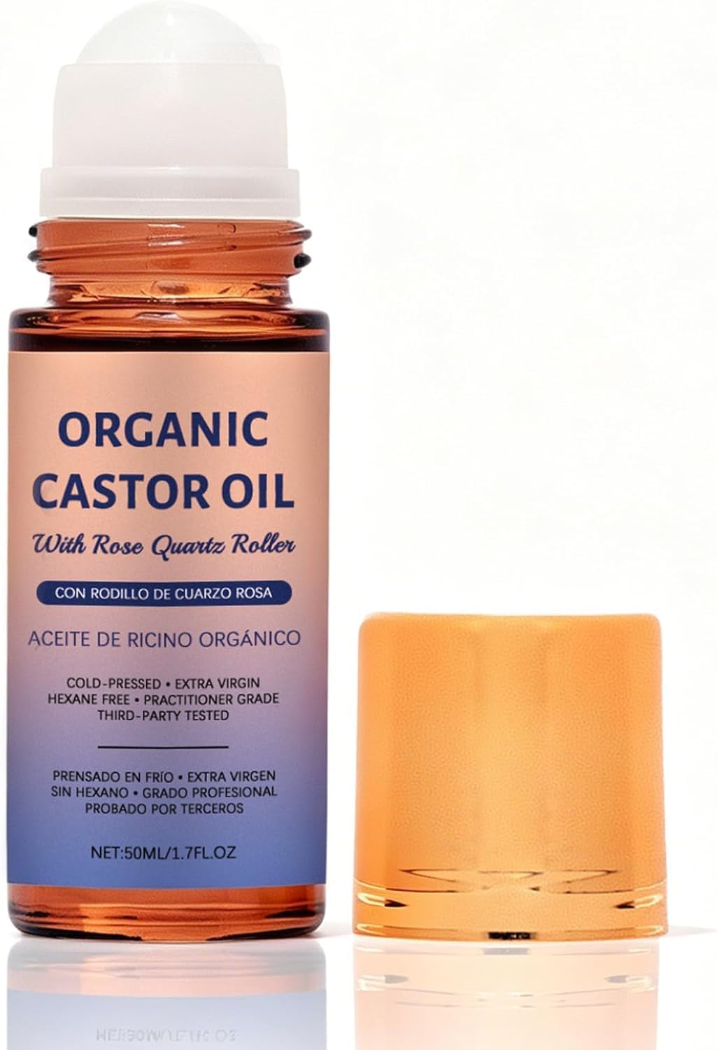 OLAVITA Organic Castor Oil Roll On with Rose Quartz Roller, 100% Castor Oil Organic Cold Pressed, for Face and Body, Hair, Eyebr