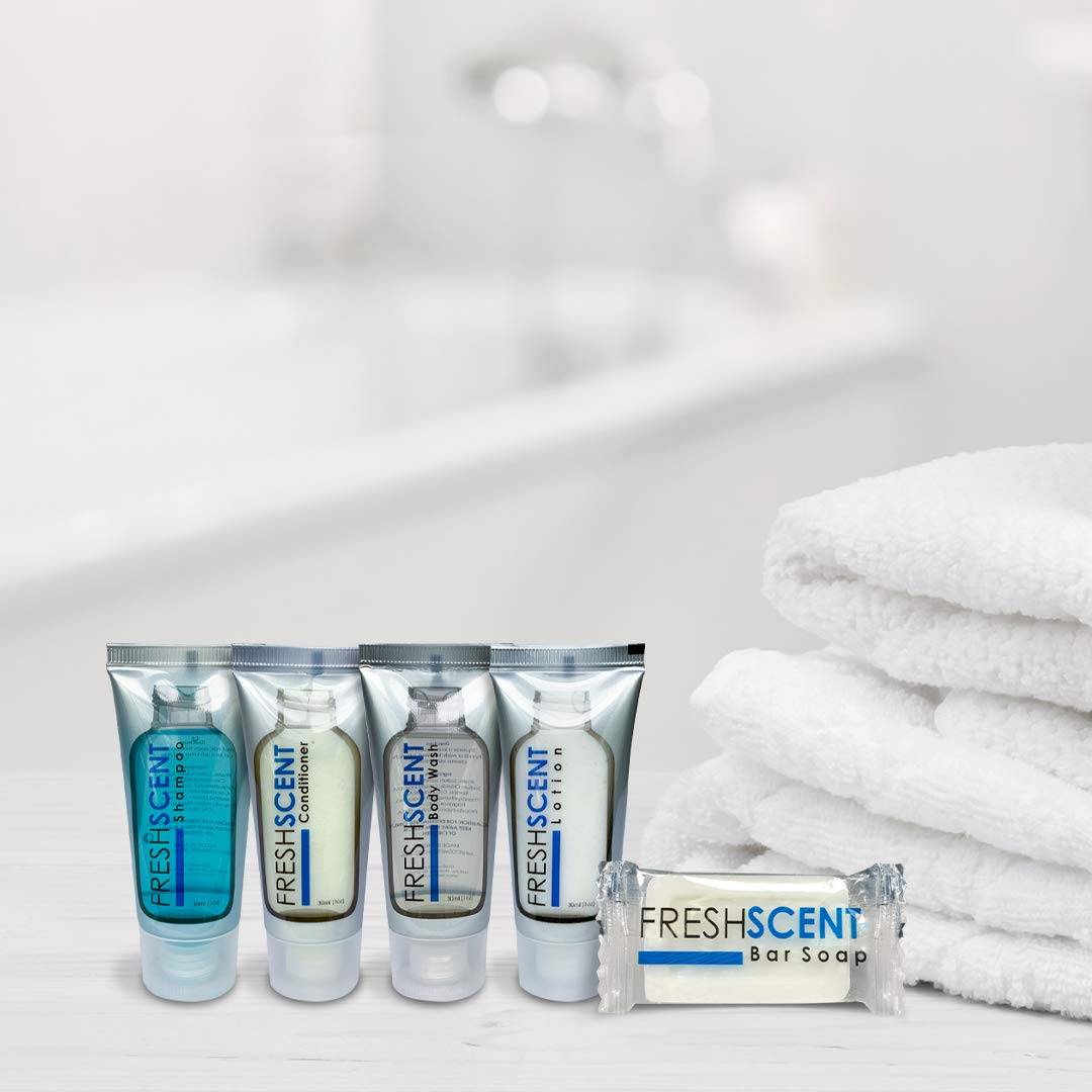 Freshscent Hotel Collection 250 Piece Set. Travel Size Amenities Bulk Toiletries Kit Of 50 Each 1Oz Tubes Shampoo, Conditioner,