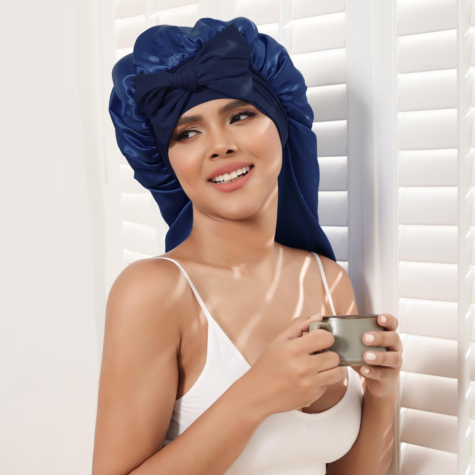 Awaytr Long Satin Bonnet For Braids - Elastic Silk Hair Bonnets For Sleeping Night Cap Stretchy Tie Band For Women(Navy Blue)
