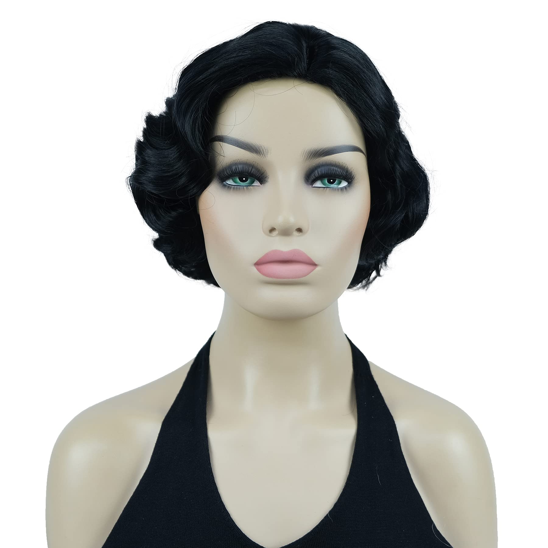 Lydell Vintage Cosplay Party Wig Short Finger Wavy Flapper Hairpiece +Free Wig Cap (Black)