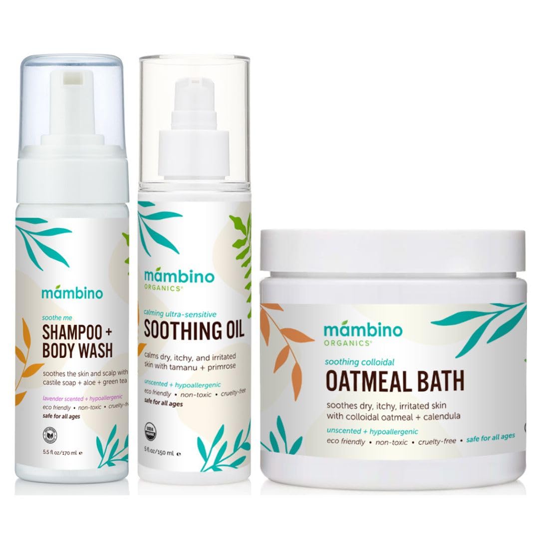 Mambino Organics Soothing Bath Set - Organic Colloidal Oatmeal Bath Soak, Soothe Me Shampoo & Body Wash, CalmingOil - Cruely-Fre