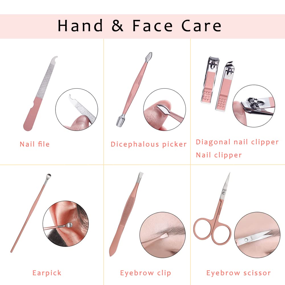 Pink Manicure Set Beauty Tool Portable - Nail Clipper Pedicure Grooming Kit Stainless Steel 7 In 1 Luxury Leather Travel Case, F