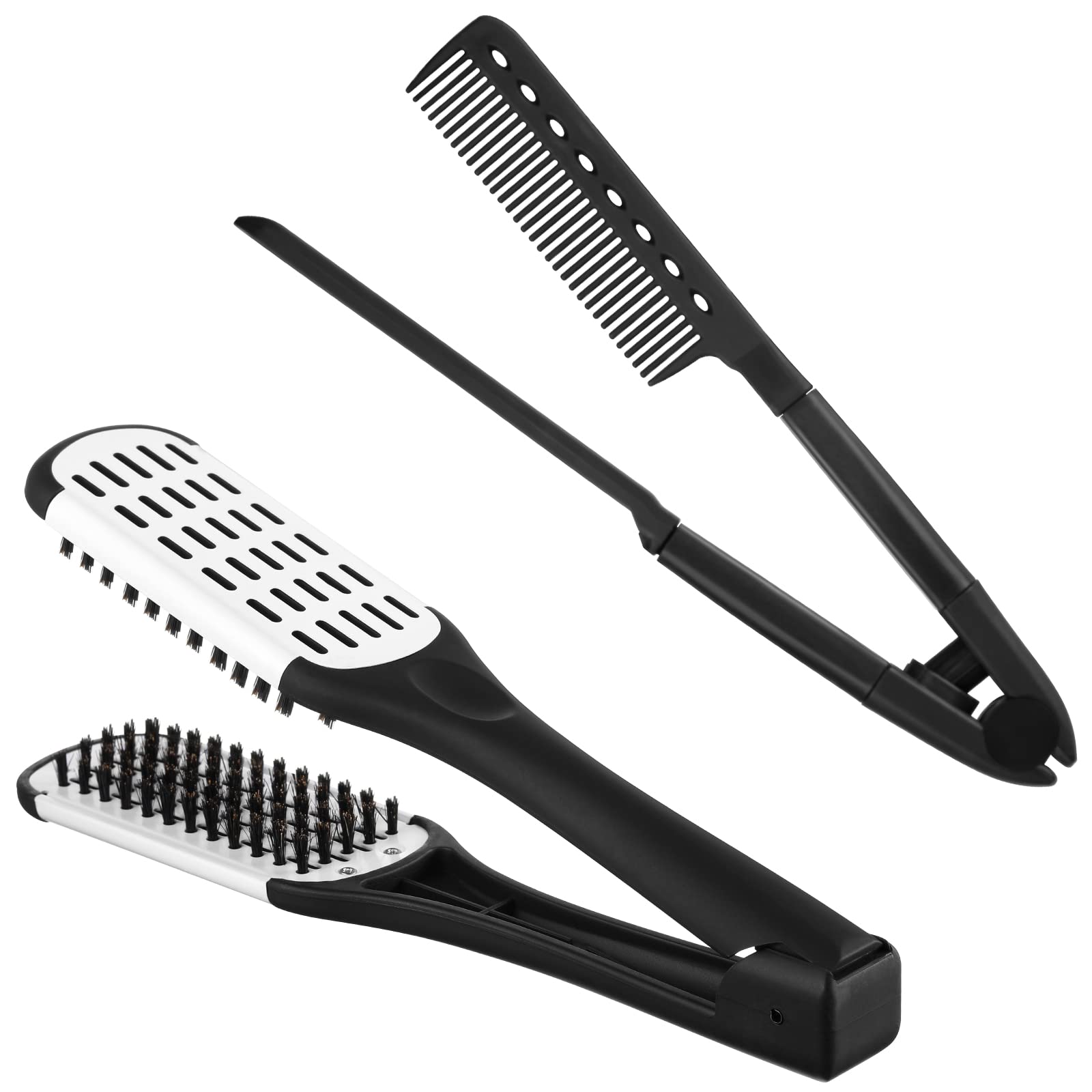 Chengu 2 Pcs Boar Bristle Brushes - Double Sided Clamp Brush and Flat Iron Comb for Straightening Knotty, Unkempt Hair (Black Wh