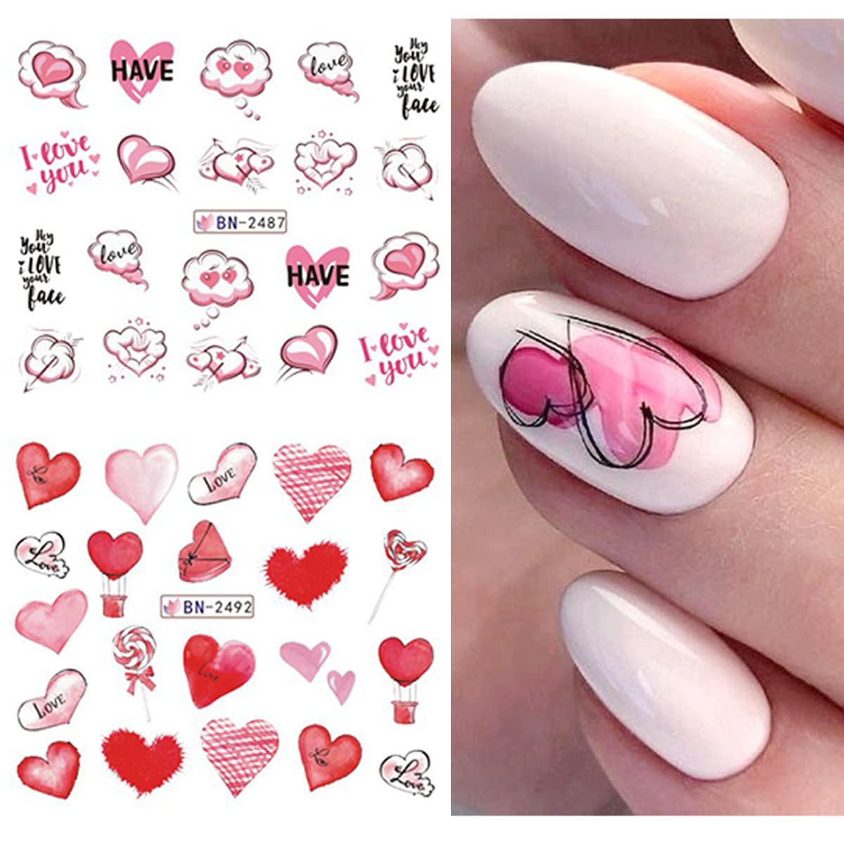 Valentine'S Day Nail Stickers Pink Heart Nail Decals I Love You Letters Water Decal Tattoos Manicure Foils Cartoon Animals Cute