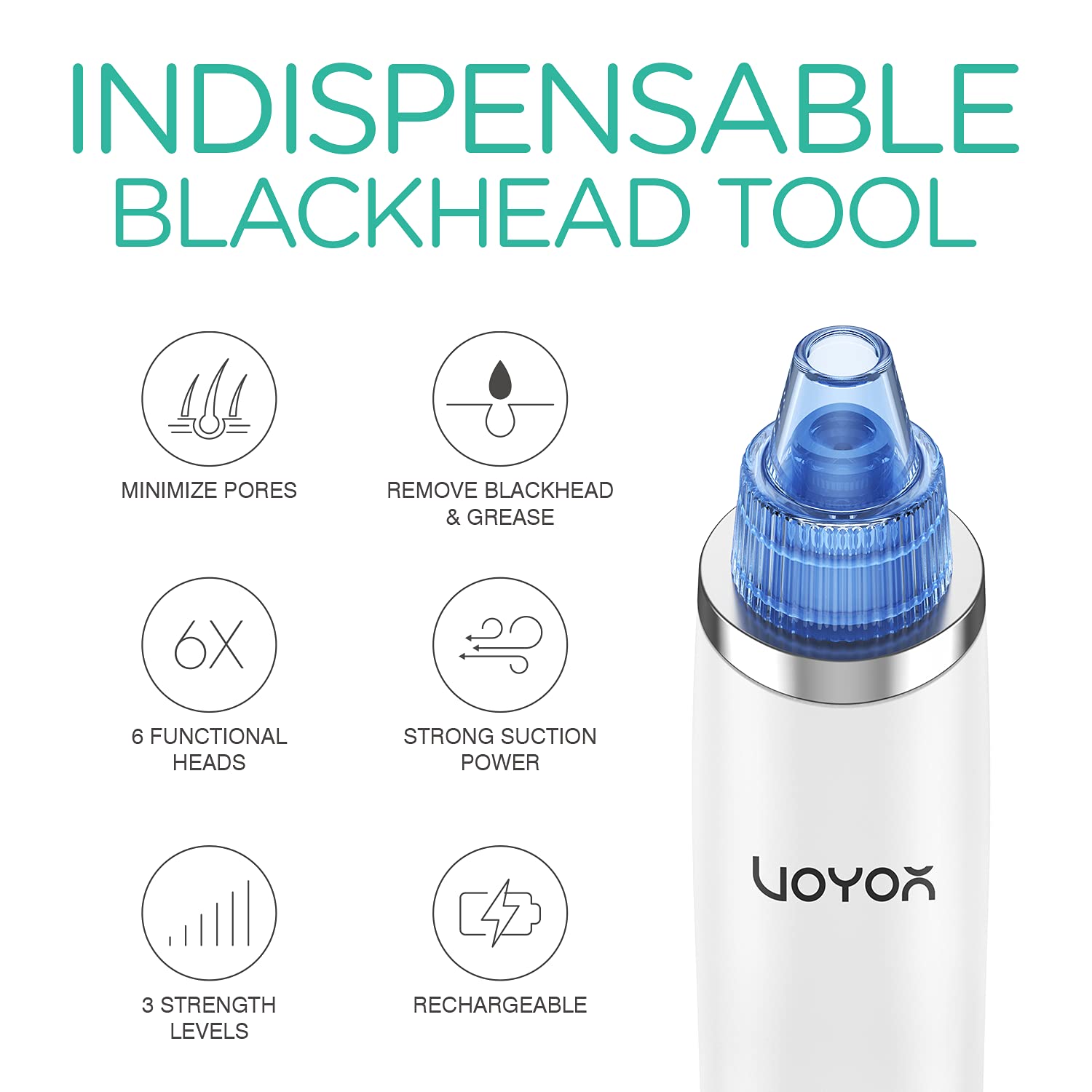 VOYOR Blackhead Remover Pore Vacuum - Electric Face Vacuum Pore cleaner Acne White Heads Removal with 6 Suction Heads BR410