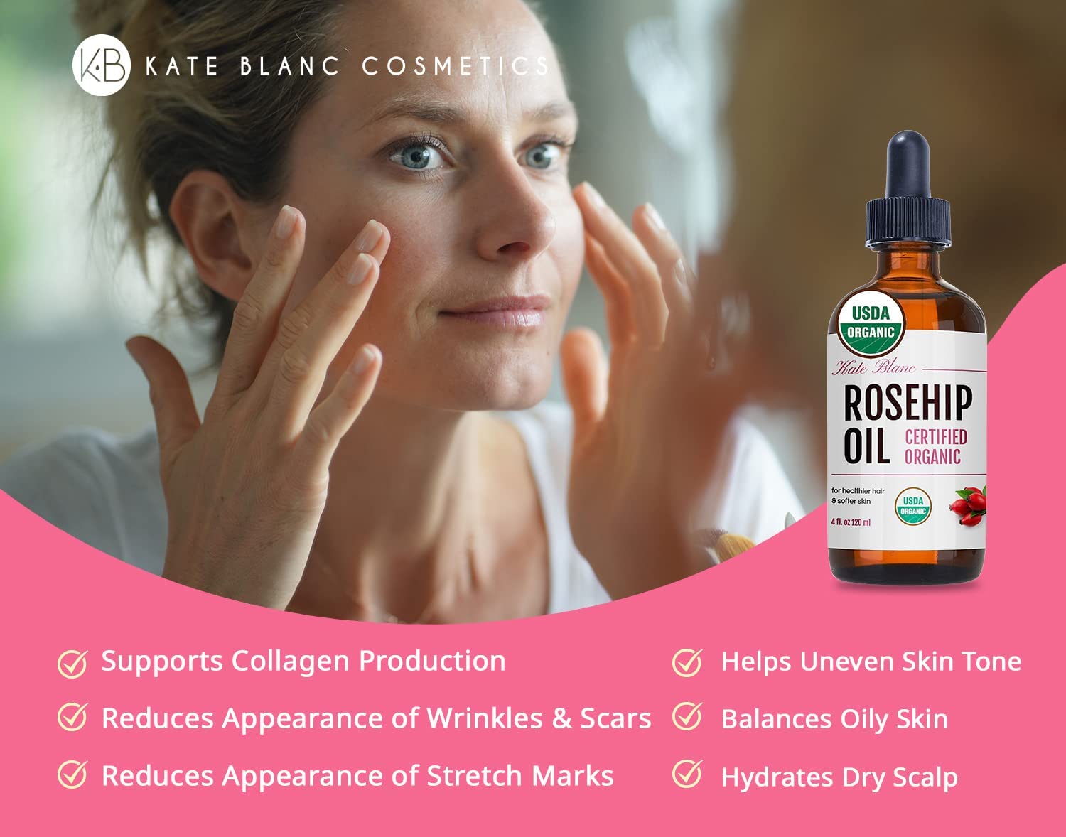 Kate Blanc Cosmetics Rosehip Oil For Face & Skin. Rosehip Seed Face Oil For Facial & Gua Sha Massage (4Oz, Organic, Pure, Cold P