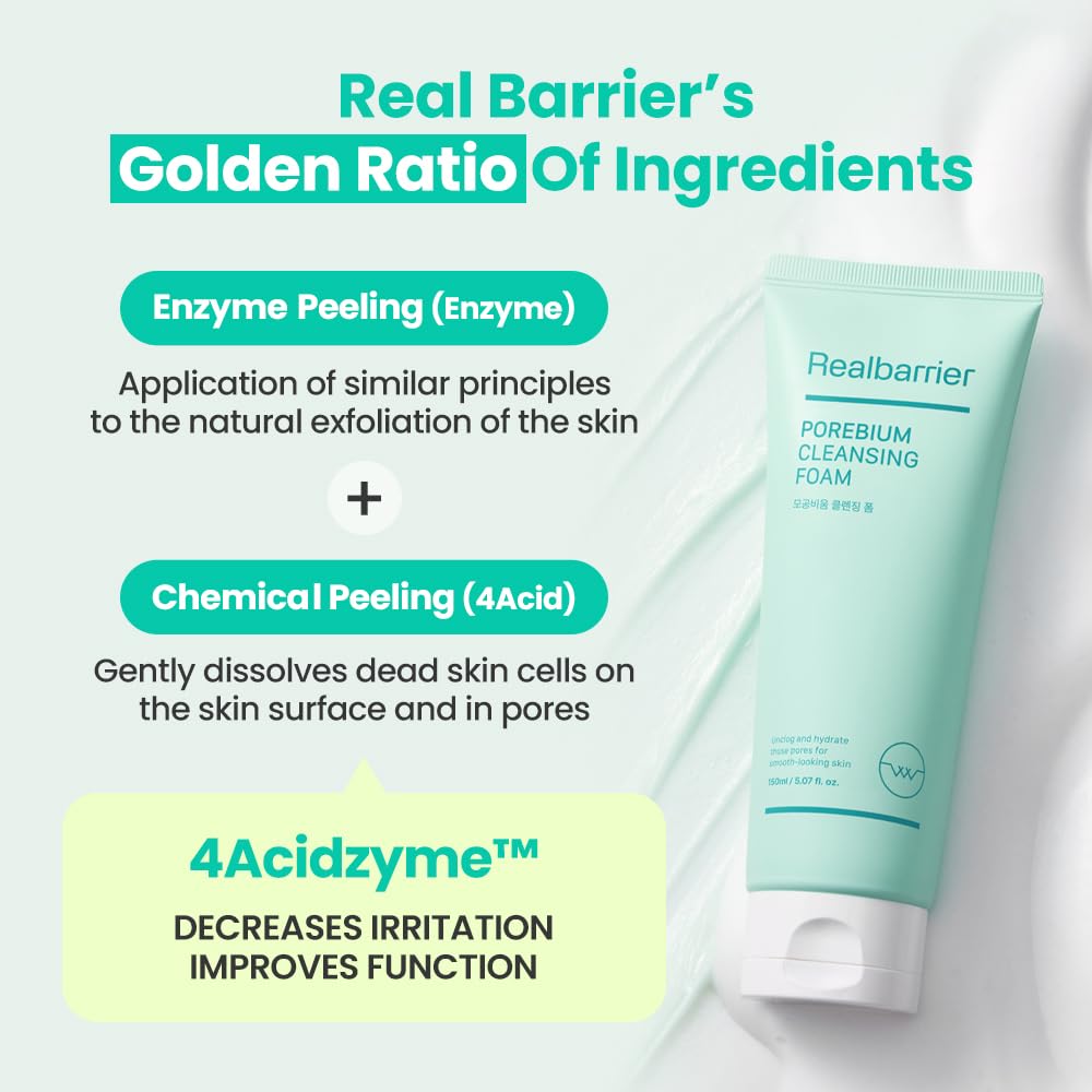 Real Barrier Porebium Cleansing Foam,150ml,5.07 Fl Oz, Rich Dense Bubble Cleanser & Exfoliator for Sensitive Skin, Sebum Oil Con