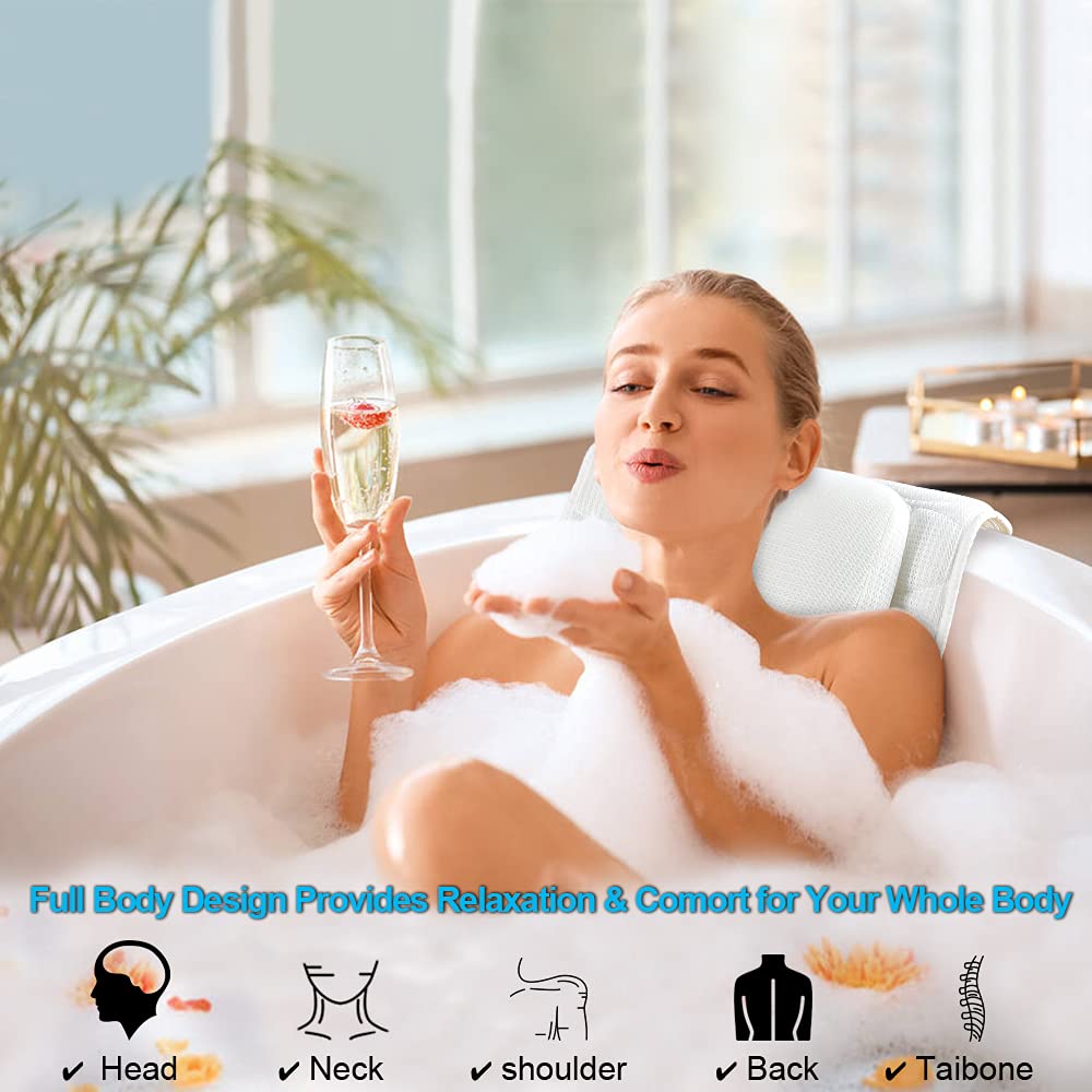 Full Body Bath Pillow, Bath Pillows For Tub With Mesh Washing Bag & 21 Non-Slip Suction Cups, Spa Bathtub Pillow For Head Neck S