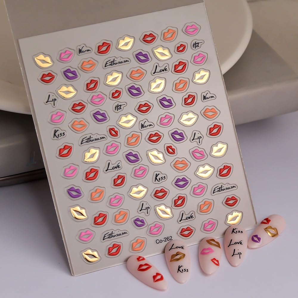 Lips Nail Art Stickers 5D Embossed Kiss Nail Stickers Self-Adhesive With Colorful Love Design Shiny Valentines Nail Decals Sprin